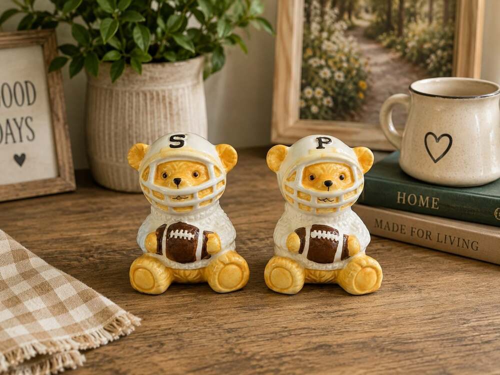New Dabney Lee Football Teddy Bear Salt & Pepper Shakers Salt N Pepper Decor